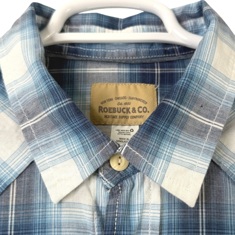 Roebuck‎ & Co Western Plaid Long Sleeve Cowboy Button Down Shirt Blue White XL